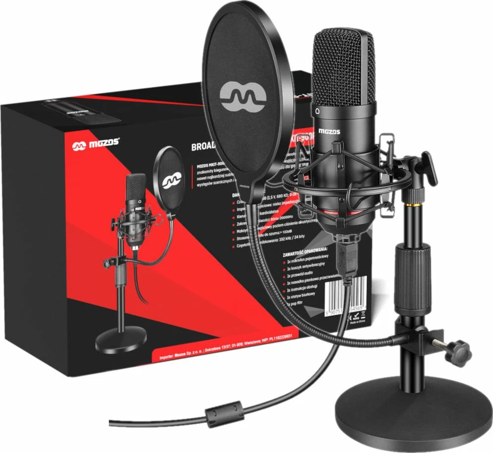 Mikrofon kondensator USB Mozos MKIT-900PRO 192kHz/24-bit cardioid, komplet me tripod dhe pop filter, i zi