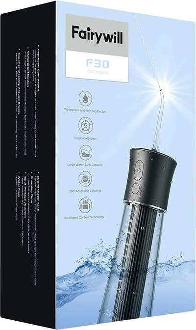 Irrigator dhëmbësh FairyWill F30, portativ, 260 ml, 5 mënyra pune, i zi, me 6 koka
