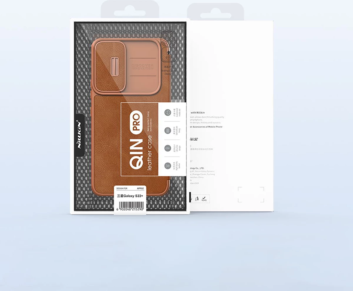 Mbështjellës Nillkin Qin Leather Pro Case për Samsung Galaxy S22+, me kapak dhe mbrojtës kamere, i zi