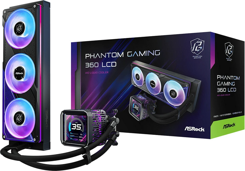 Ftohës i lëngshëm AIO ASRock Phantom Gaming 360 LCD, 3x120mm PWM, ekran IPS 3.4", i zi
