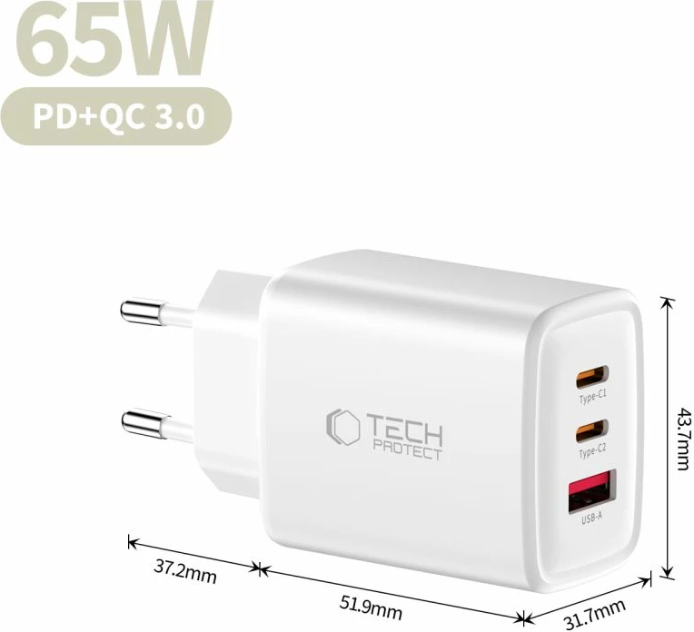 Karikues muri Tech-Protect NCA65W-GAN, 65W, 3 porta (2x USB-C PD + USB-A QC 3.0), me kabllo USB-C 1m, bardhë