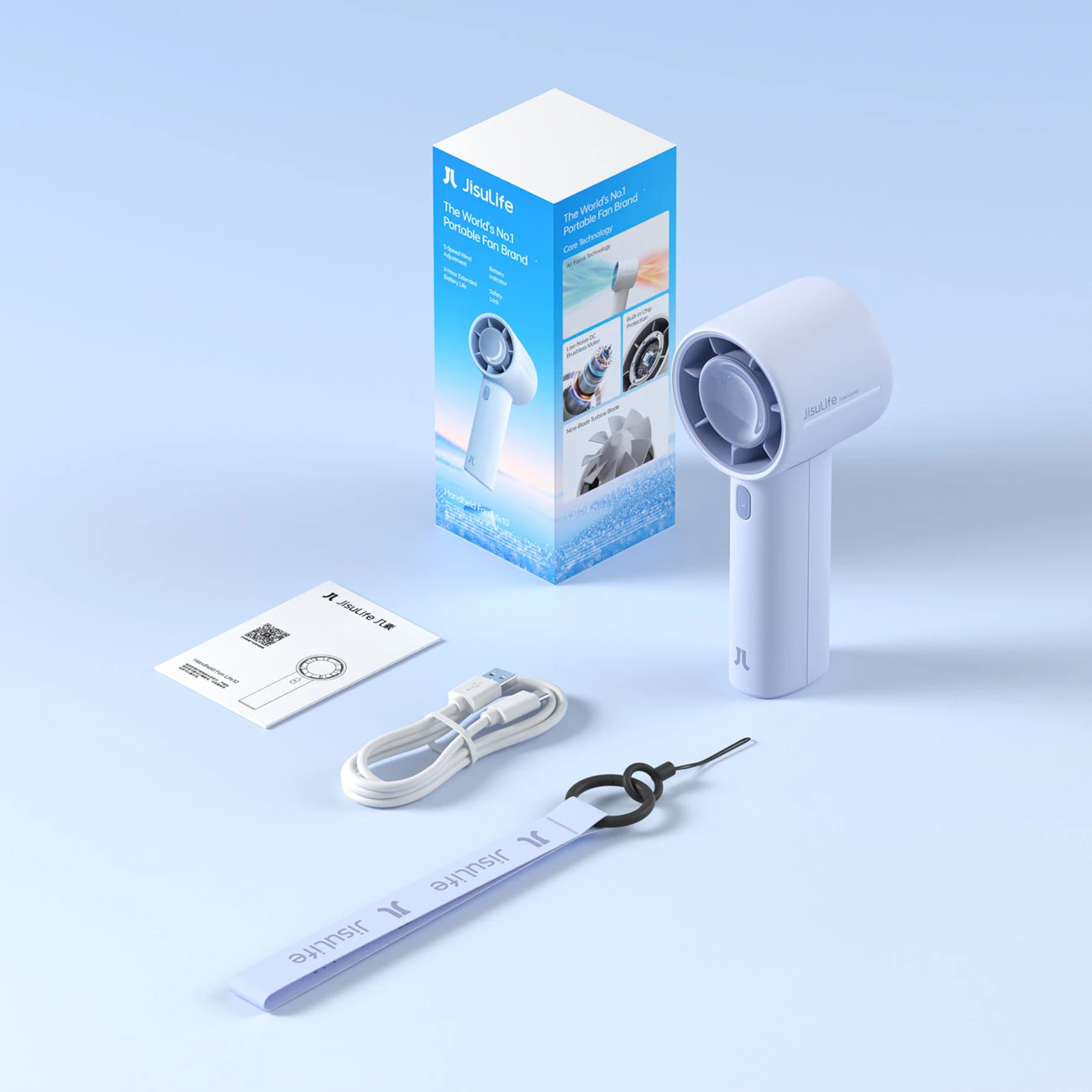Ventilator dore Jisulife Handheld Fan 10, bateri 4000mAh, USB-C, blu, set me kabllo USB-C dhe litar