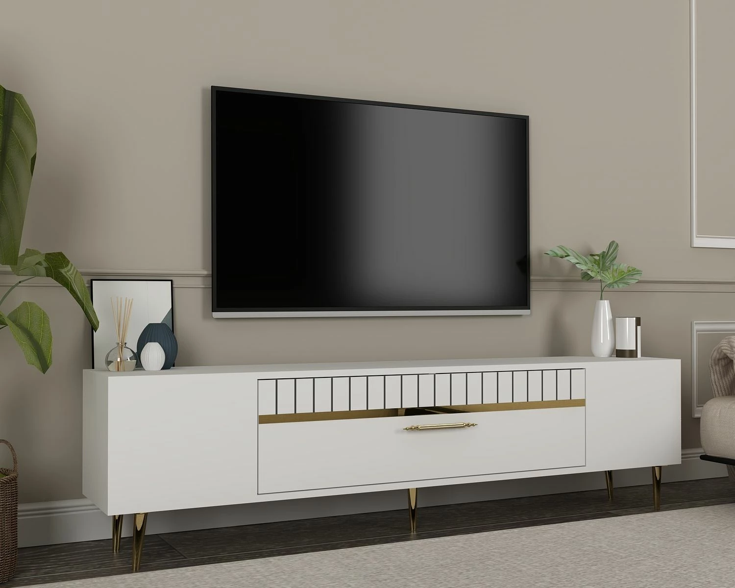 Komodë TV, ngjyrë e bardhë dhe ari, Skye Decor, Dekolp1