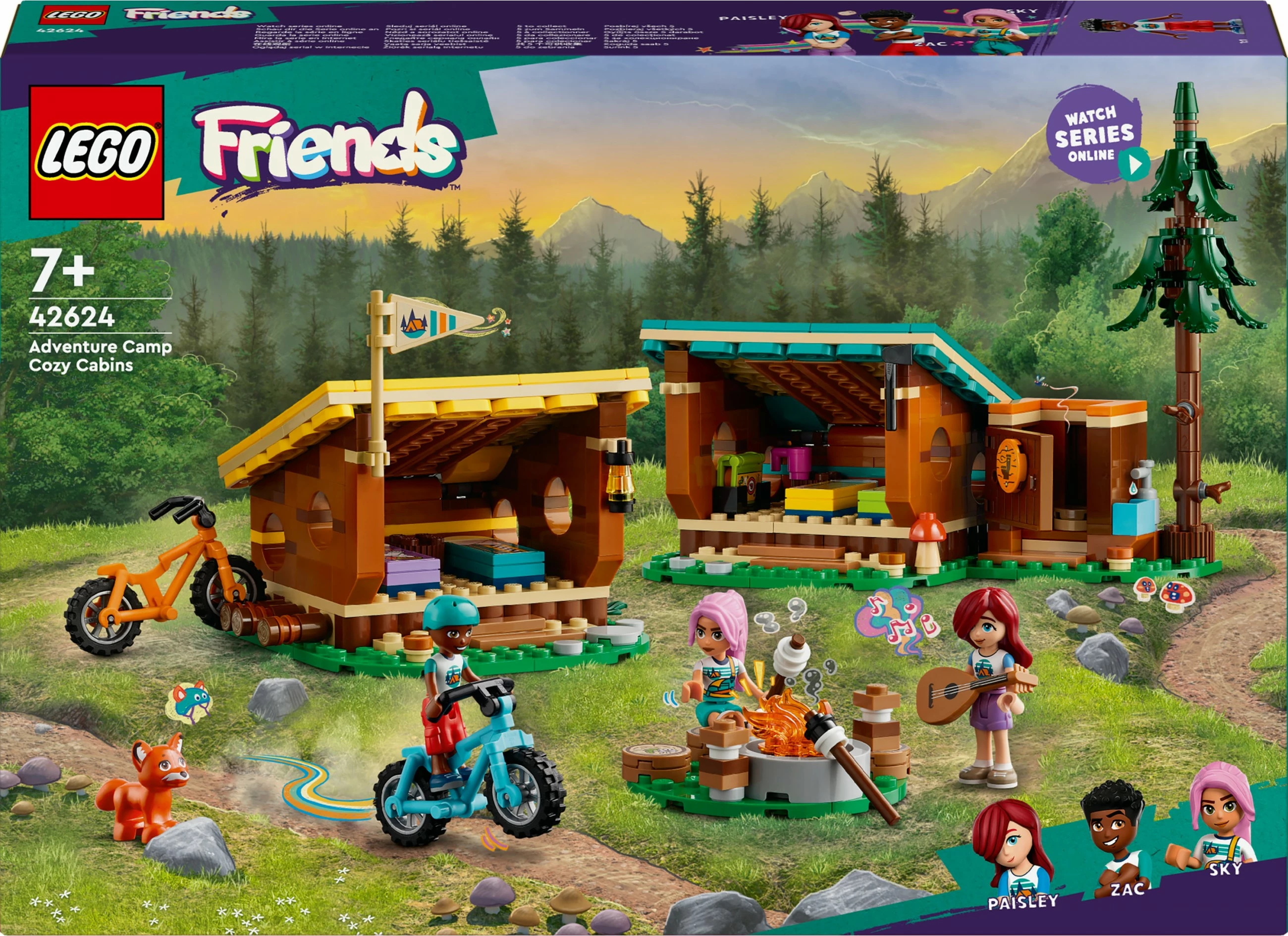 Set LEGO Friends 42624, kamp aventure, kabina të vogla, me figurina dhe biçikleta