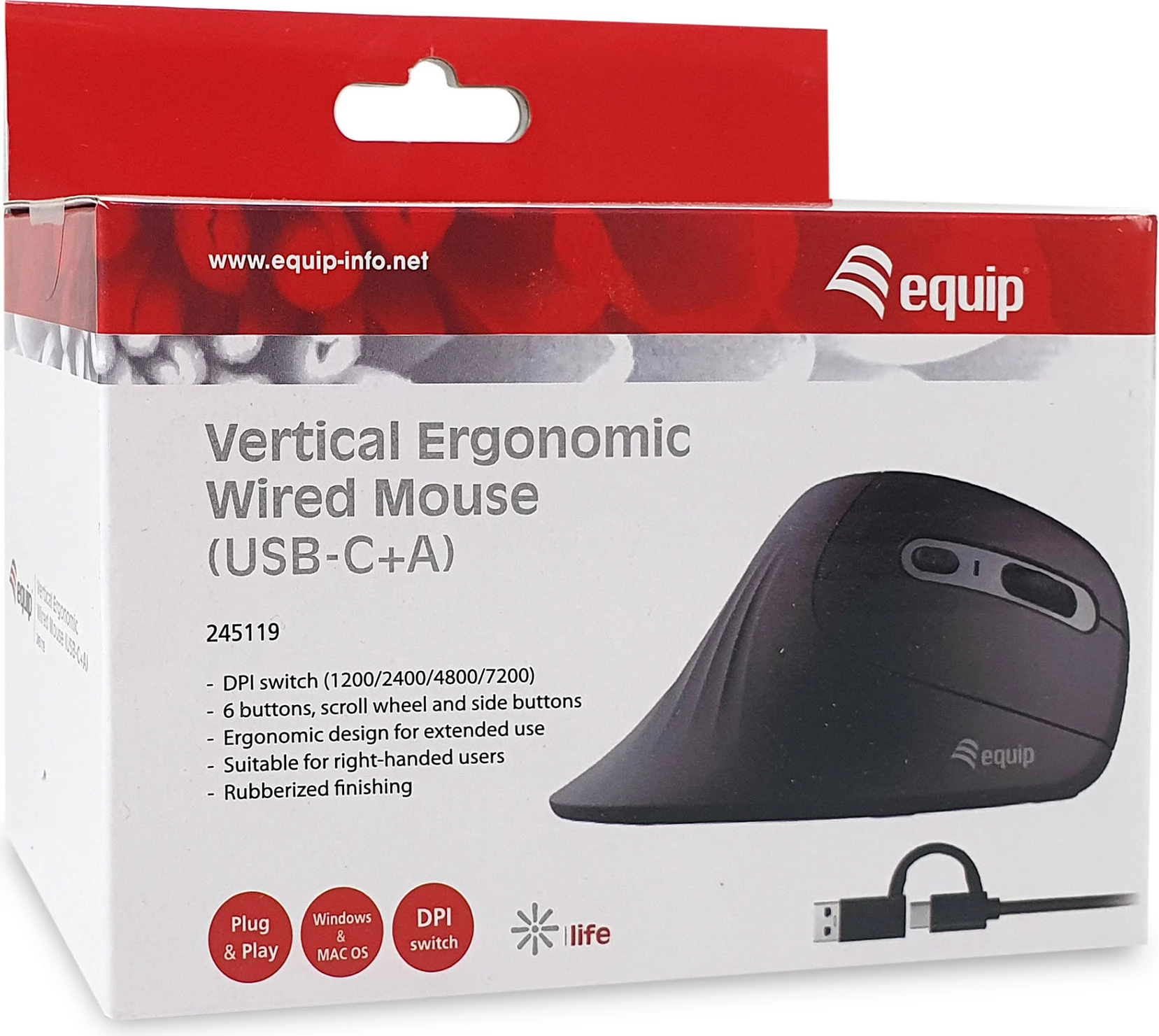 Maus ergonomik vertikal EQUIP, USB-A/USB-C, 7200 DPI, 6 butona, kabllo 1.8m, i zi