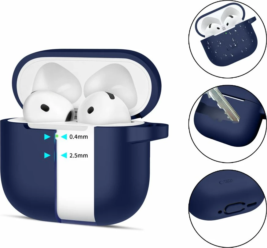 Mbështjellës silikoni për kufje Tech-Protect për AirPods 4, me karabiner, Kaltër