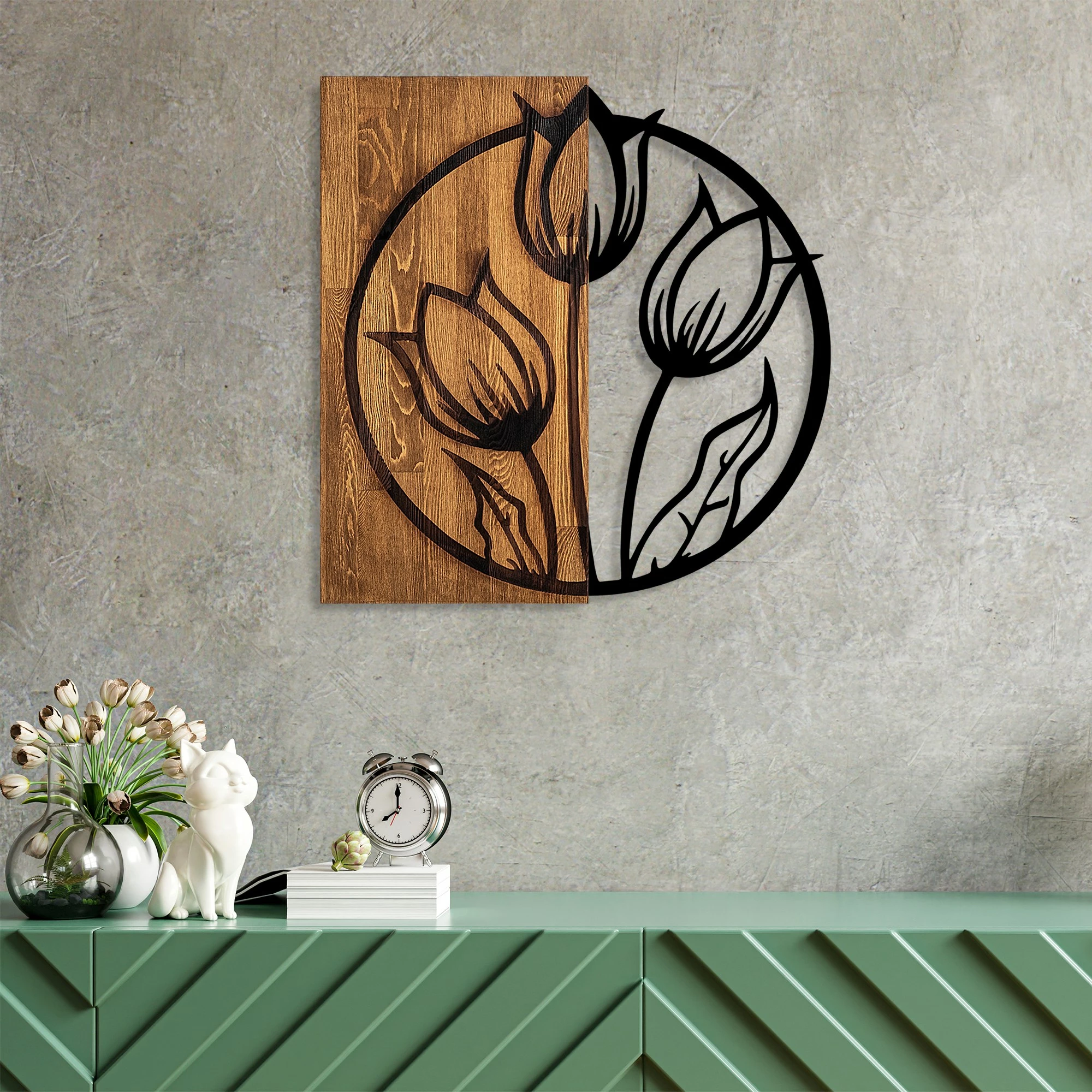Aksesor dekorativ për mur, dru arre dhe metal, tulipanë, Wallity, 56x57cm
