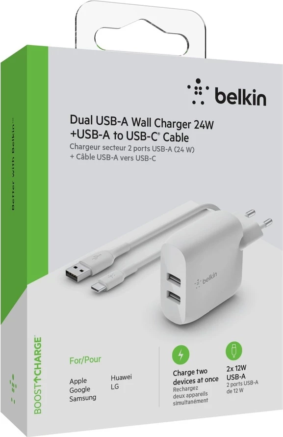 Belkin BOOST CHARGE 24w USB-A Dual Wall Charger w/ 1m A-C - White