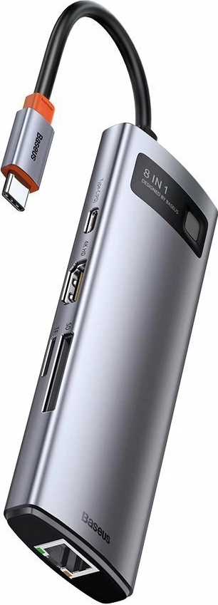 HUB Baseus Metal Gleam 8in1, USB-C, HDMI 4K, RJ45, 100W PD, Gri