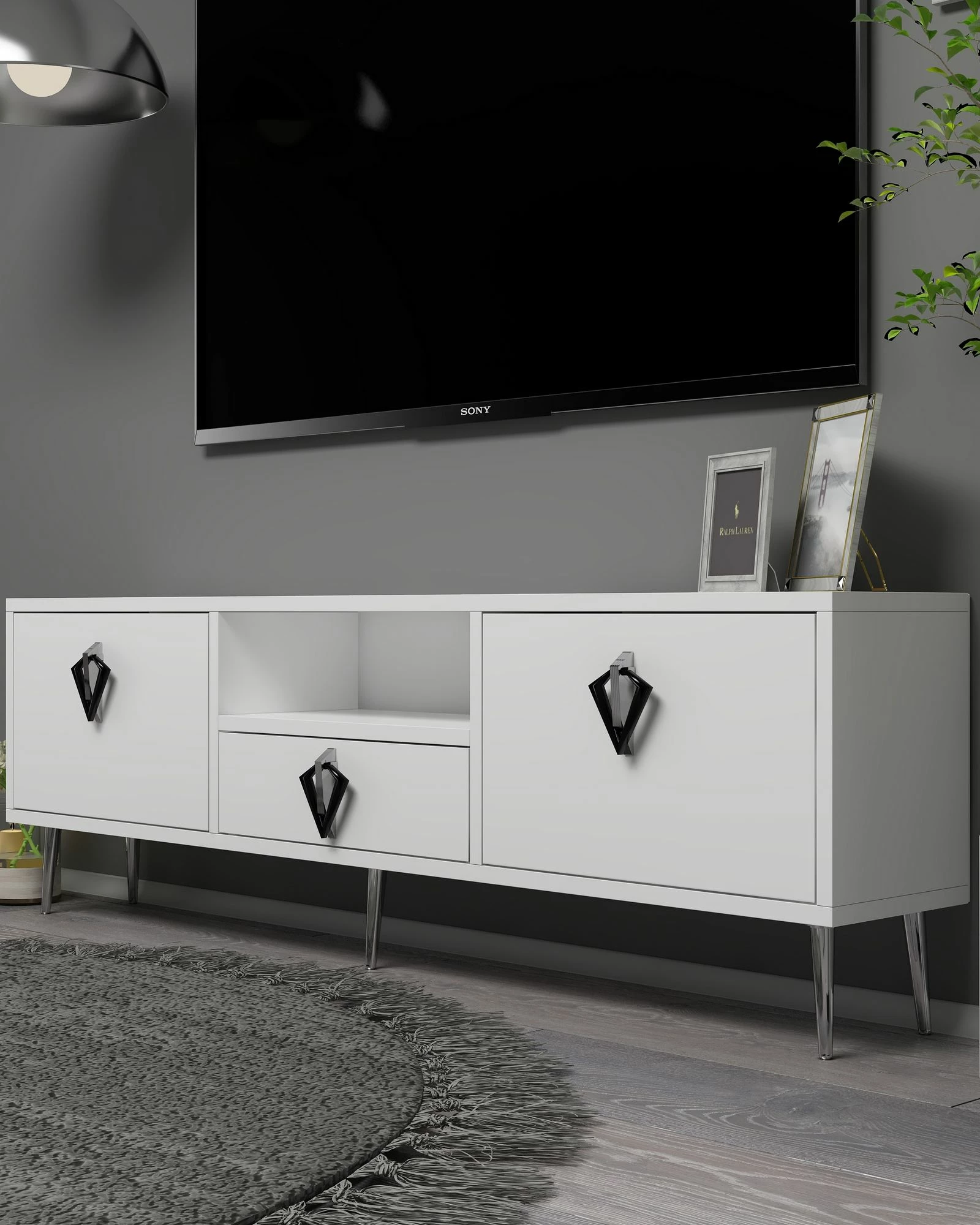 Komodë TV Skye Decor, 1312-DROP-32, e bardhë, e zezë, argjend