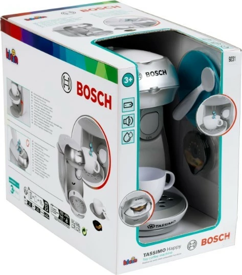 Makineri kafeje lodër, Klein Bosch Tassimo 9231, me efekte zanore dhe rrjedhë uji, me filxhan, pjatëz, lugë dhe 2 kapsula, argjend