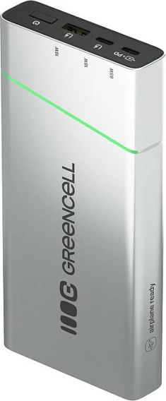 Power bank Green Cell PowerPlay Pro 65W (PBPLGC20P), 20800 mAh, USB-C PD, 3 porta, argjendtë/zi me detaje jeshile