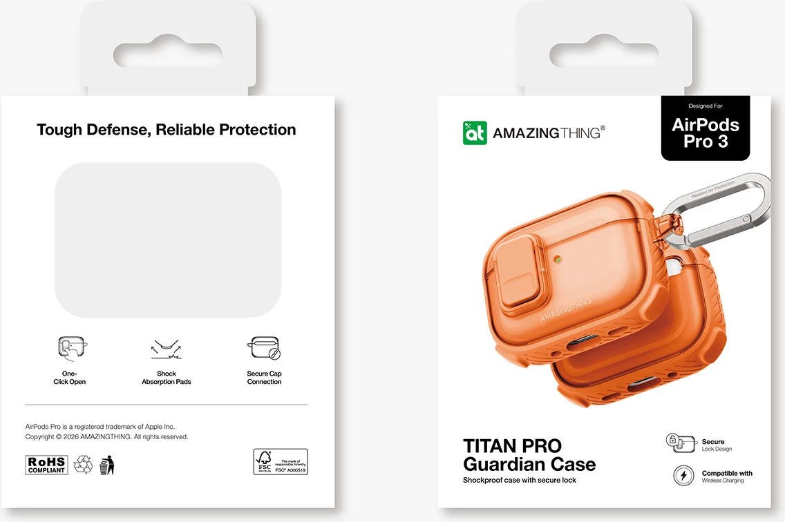 Mbështjellës për kufje, AmazingThing, Titan Pro Mag Case Clear për AirPods Pro 3, me karabiner, kompatibil me karikim wireless, portë me bllokim të brendshëm, port kundër goditjeve PC/TPU, portokalli