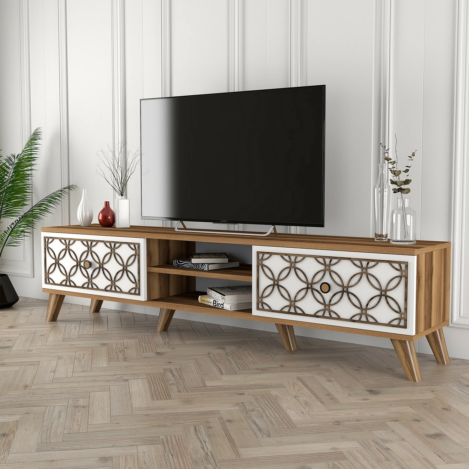 Komodë TV Hanah Home, Class, ngjyrë arre dhe e bardhë