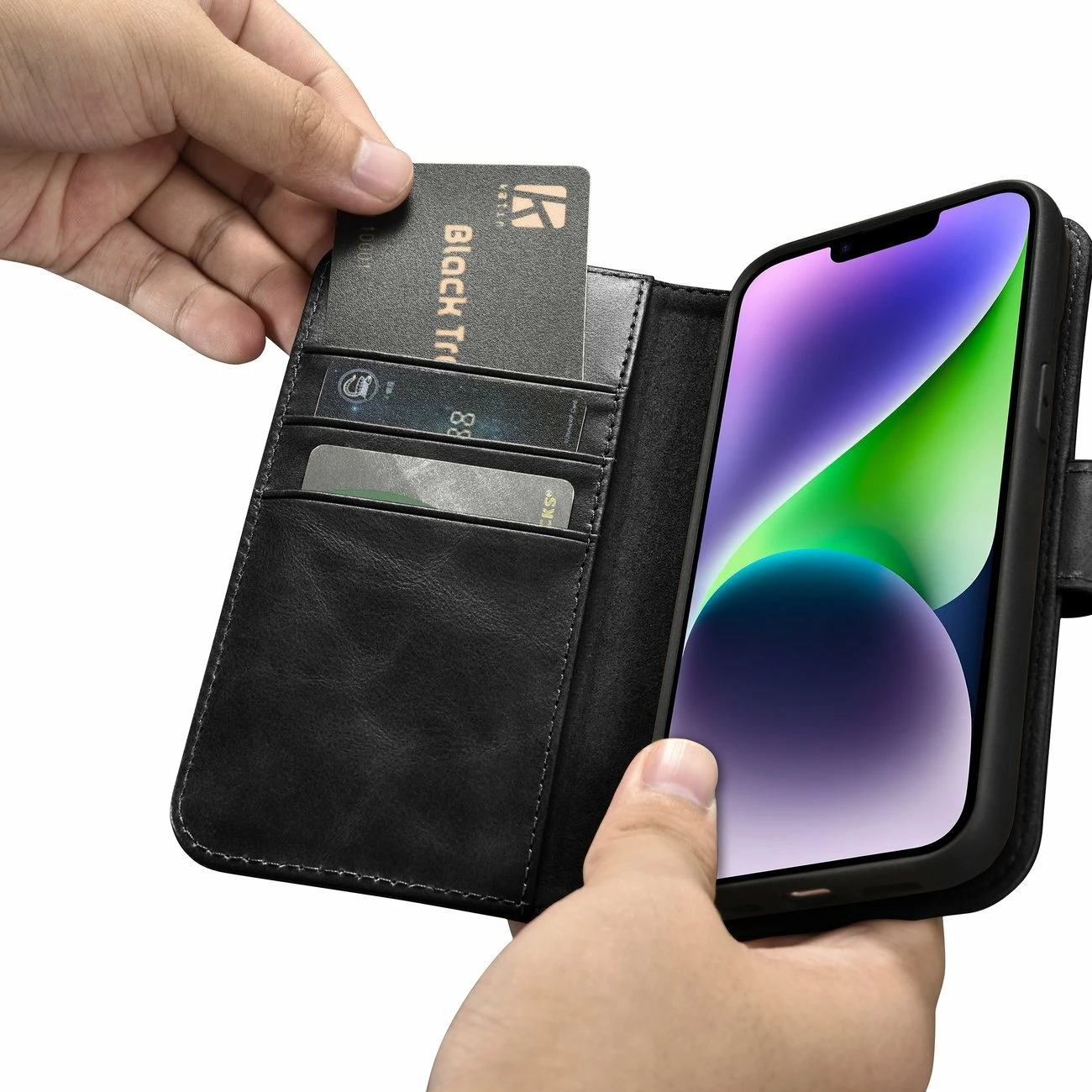 Mbështjellës iCarer Oil Wax Wallet 2in1 për iPhone 14 Plus, lëkurë natyrale, Anti-RFID, i zi