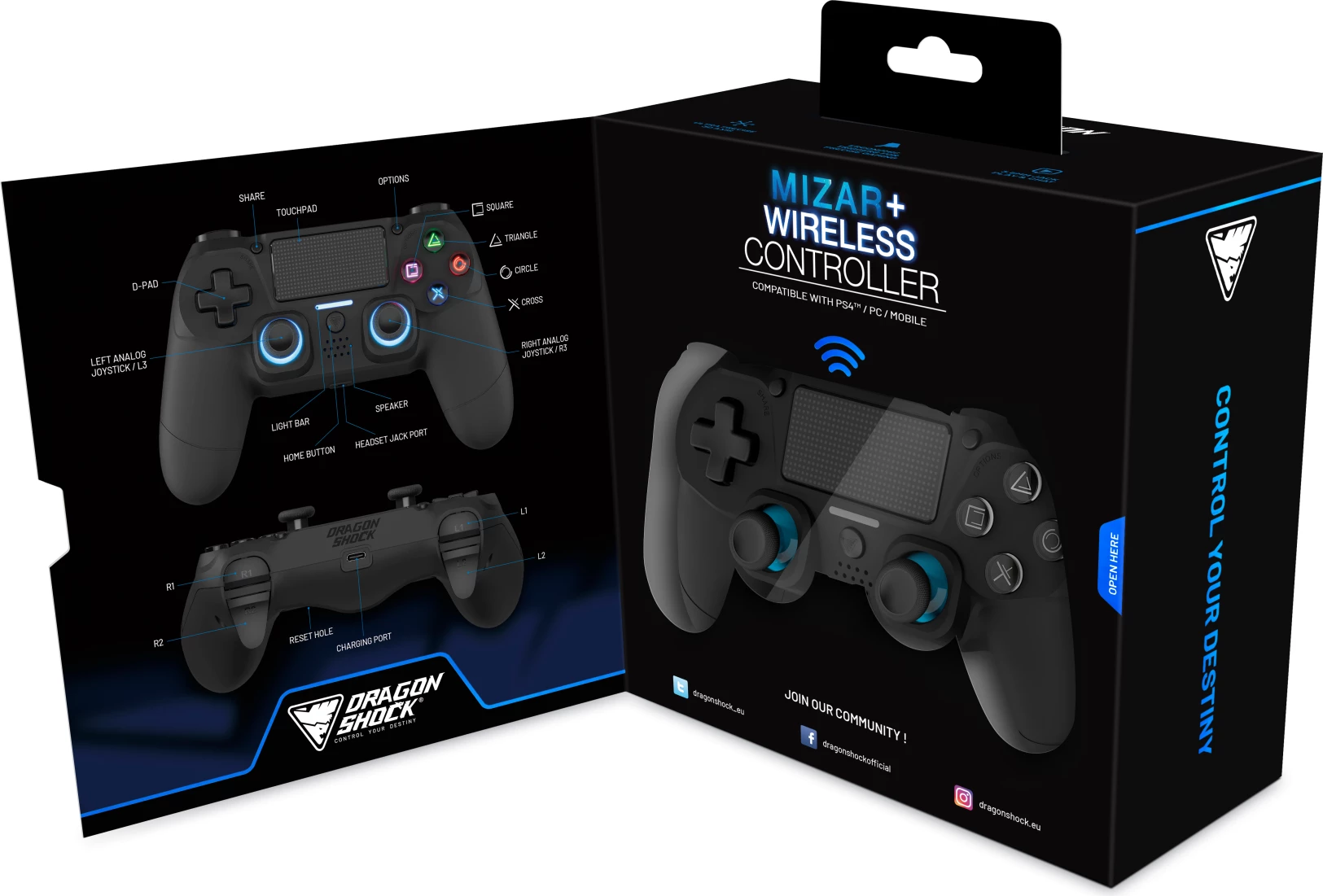 Kontroller wireless DRAGONSHOCK MIZAR+, Bluetooth 2.1 + EDR, Hall-Effect joysticks, për PS4/PC/Mobile, i zi