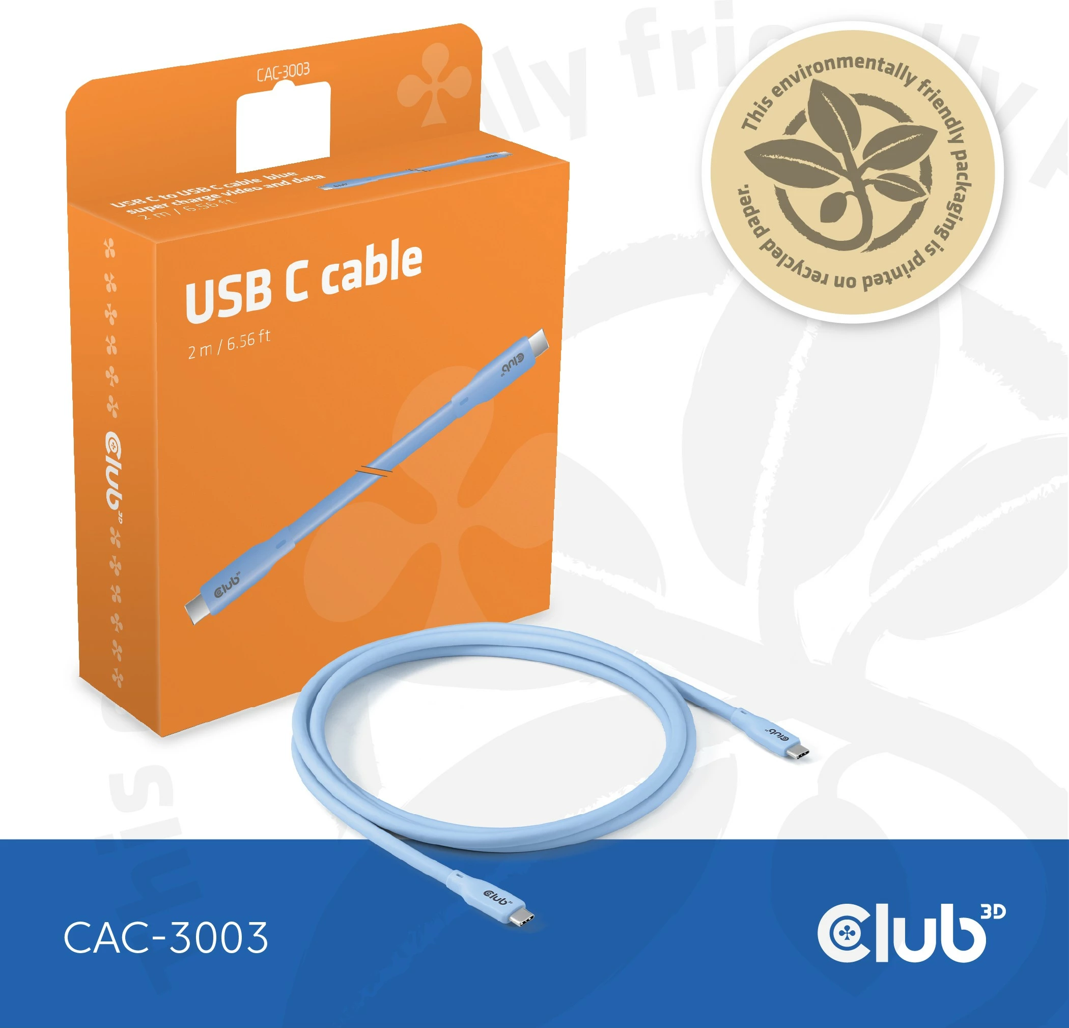 Kabllo USB-C Club3D CAC-3003, 2m, 240W, 20Gbps, blu