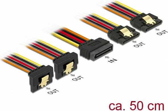 Kabllo splitter SATA Power DeLOCK 60152, 1x SATA 15-pin në 4x SATA 15-pin, 0.5 m, zi/kuqe/verdhe/portokalli