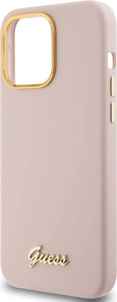 Mbështjellës Guess Silicone Script Metal Logo & Frame për iPhone 15 Pro, Rozë