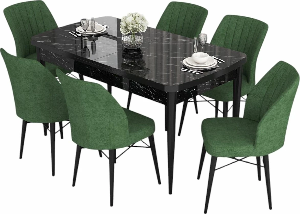 Set tavolinë me karrige, zgjatues, 7 pjesë, Skye Decor, mermer i zi, kaki