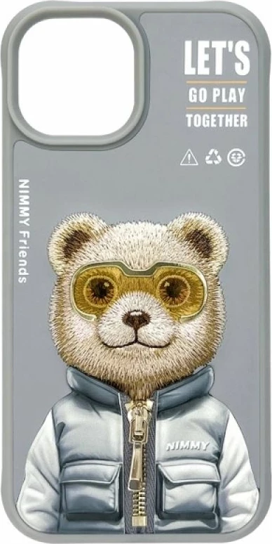 Kuti për iPhone 15 Nimmy Cool&Cute 2.0 Bear, gri