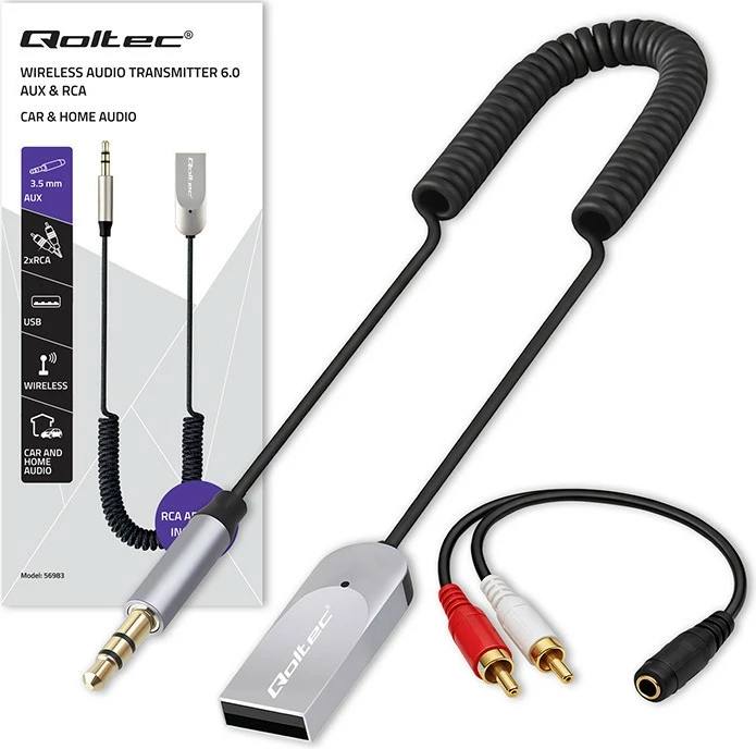 Adapter audio Bluetooth marrës, Qoltec, 56983, Bluetooth 6.0, 2x RCA, AUX 3.5 mm, USB, me mikrofon, zi/argjendtë