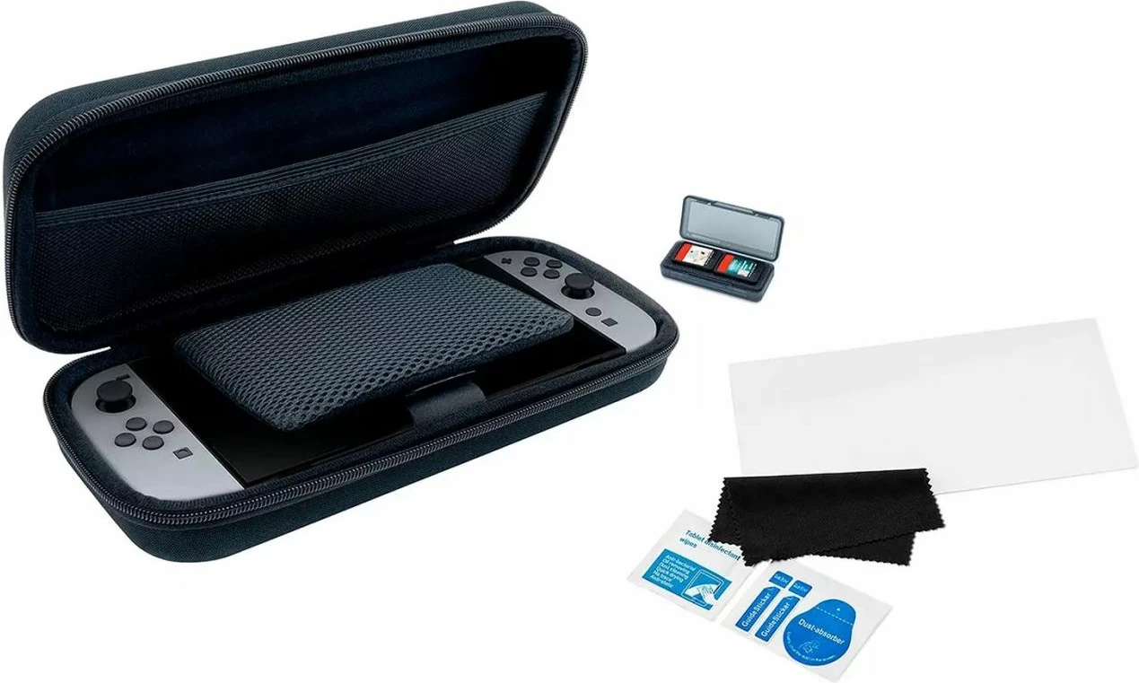 Set aksesorësh Nacon Starter Pack për Nintendo Switch 2, kasë mbrojtëse + mbrojtëse ekrani + kuti për 4 lojëra, e zezë