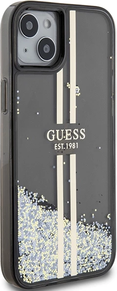 Mbështjellës Guess Liquid Glitter Gold Stripes për iPhone 15 Plus / 14 Plus, e zezë
