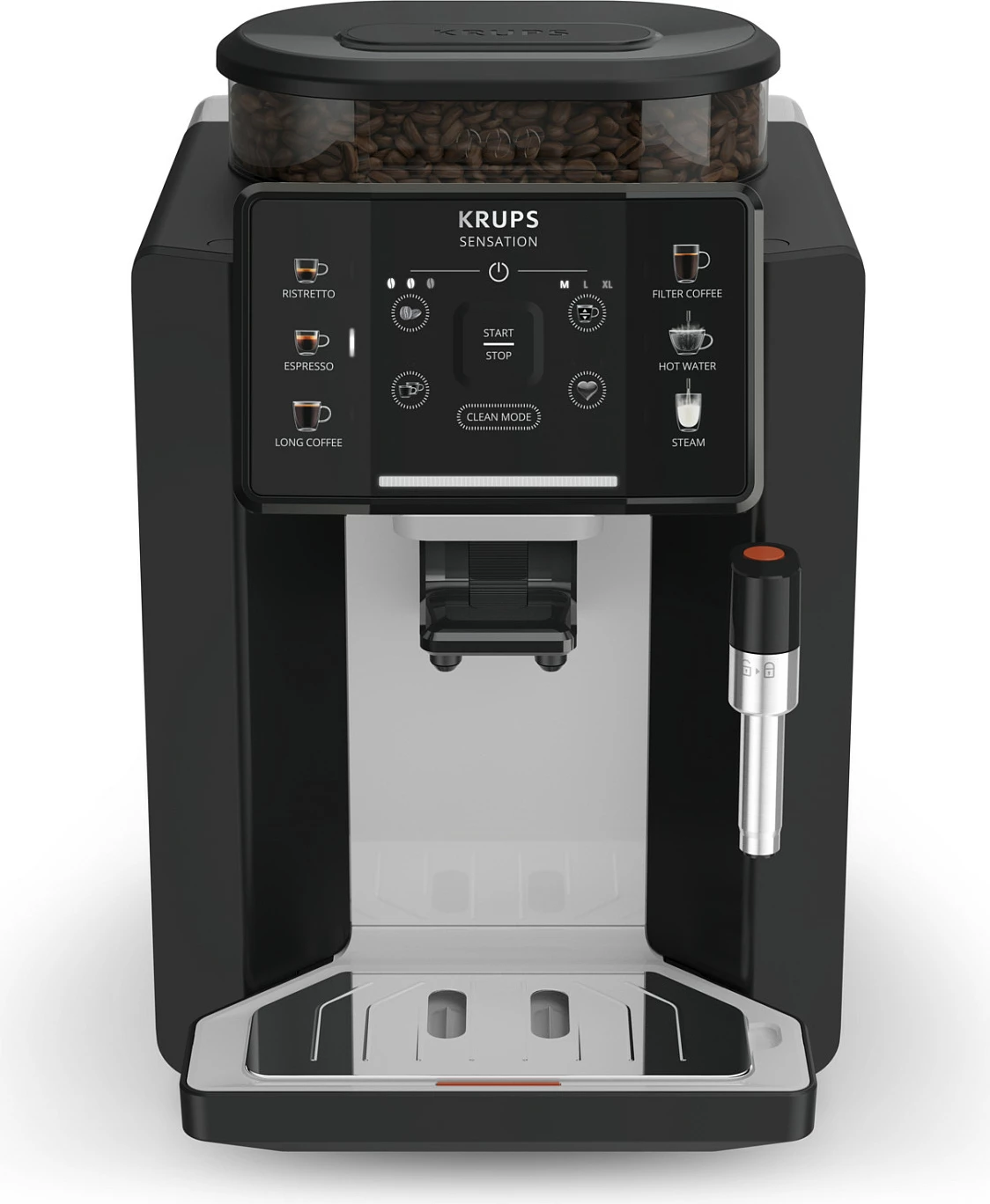 Makinë kafeje automatike Krups Sensation EA910A, me mulli të integrum, shkumues qumështi, e zezë/argjendtë