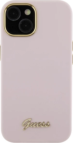 Mbështjellës Guess Silicone Script Metal Logo & Frame për iPhone 15, Rozë