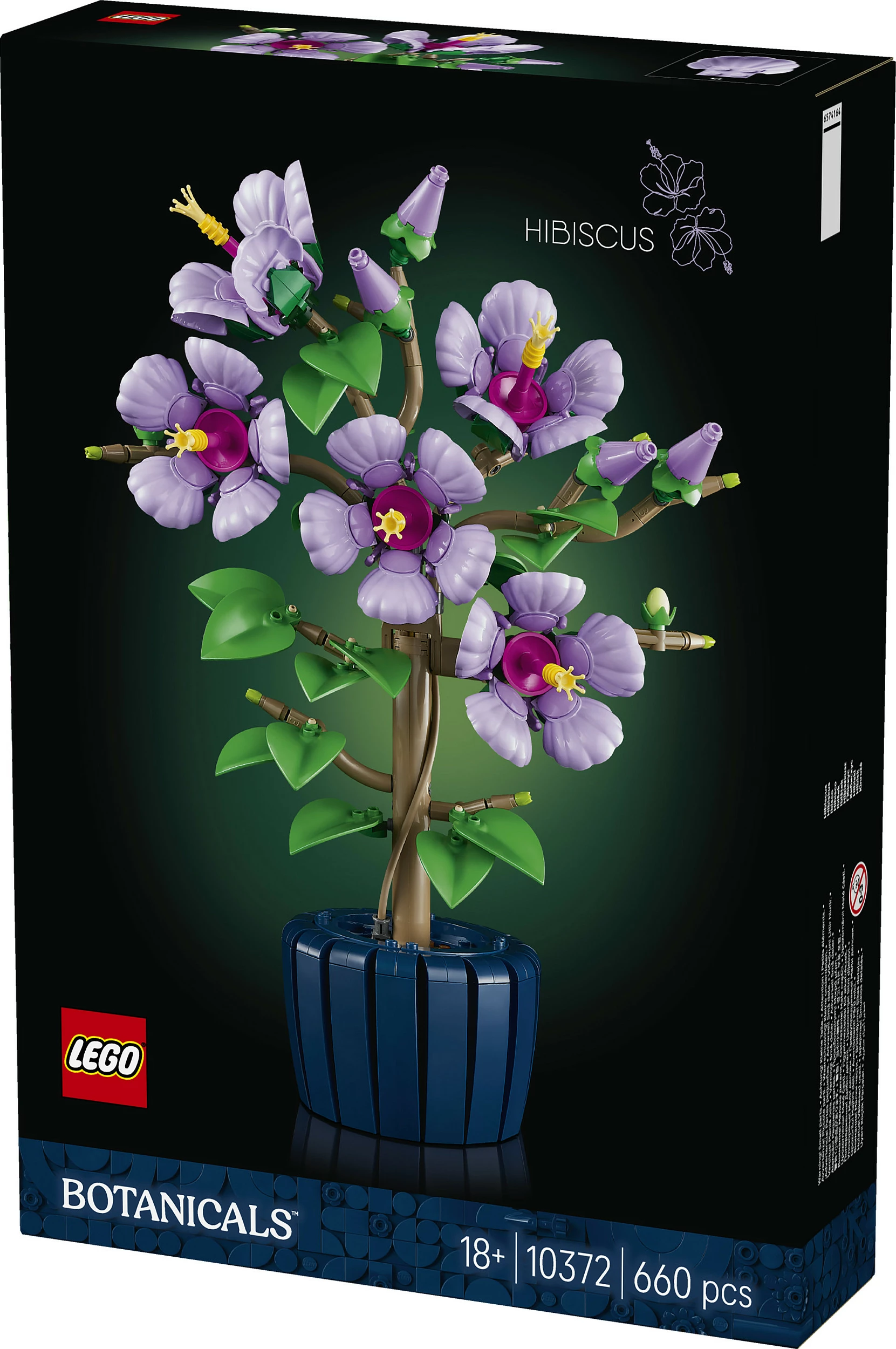 Set LEGO Icons 10372 Hibiskus, Botanicals, 660 copë, lule lejla me vazo blu