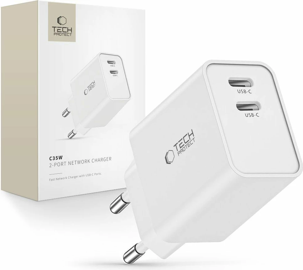 Karikues rrjeti Tech-Protect C35W, 2x USB-C PD 35W, i bardhë