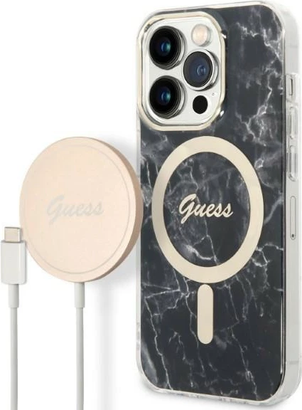 Set mbështjellës Guess Marble Collection me karikues wireless MagSafe për iPhone 14 Pro Max, 6.7", zi/artë