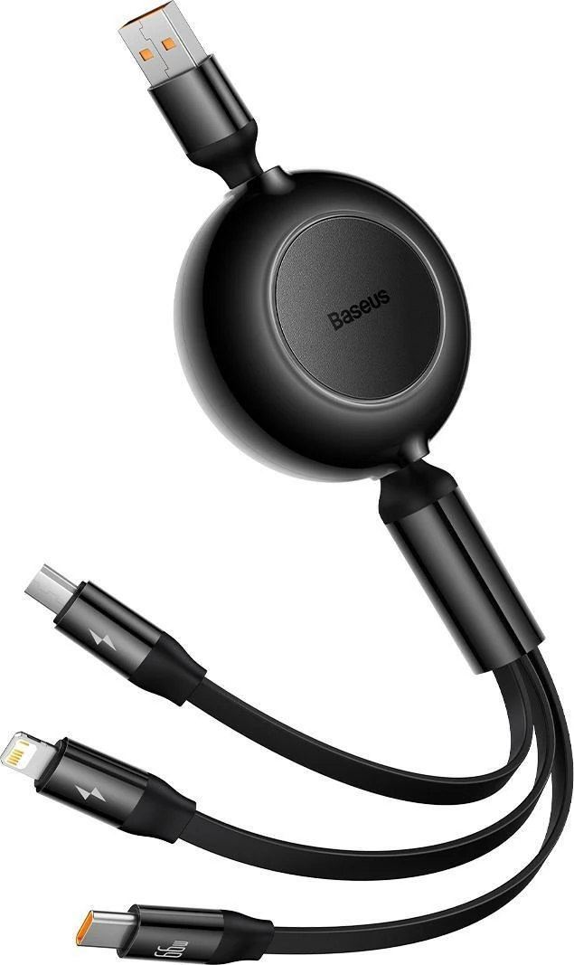 Kabllo USB Baseus Bright Mirror 2 CAMJ010101 3-në-1 retraktile 1.1 m 66W USB-A në USB-C/microUSB/Lightning, e zezë