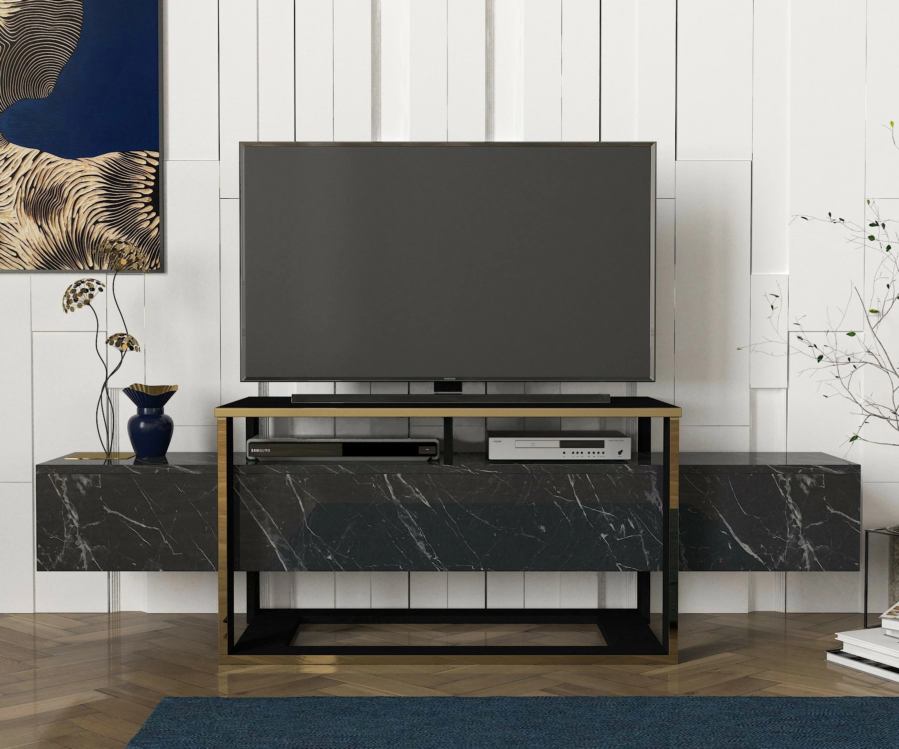 Komodë TV Hanah Home, ngjyrë e zezë dhe ari, Bianco