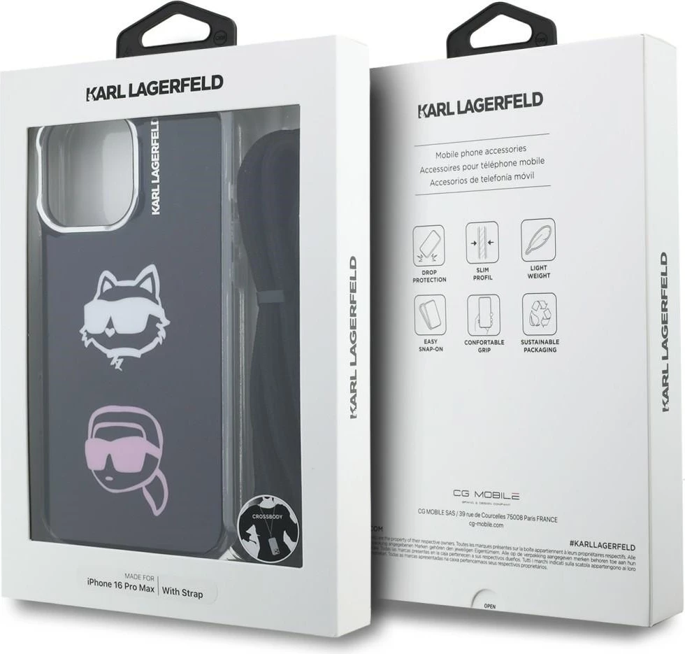 Mbështjellës crossbody Karl Lagerfeld IML Karl&Choupette Head për iPhone 16 Pro Max, i zi