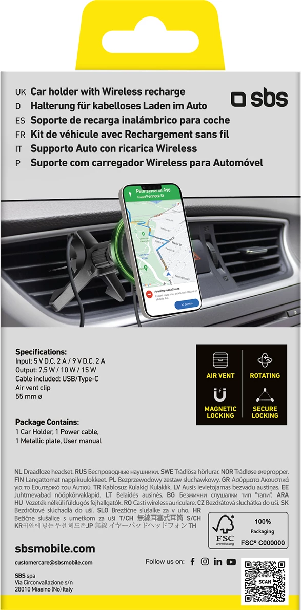Mbajtës magnetik me karikues wireless SBS TESUPMAGWIR15W për ventilator të makinës, MagSafe, i zi