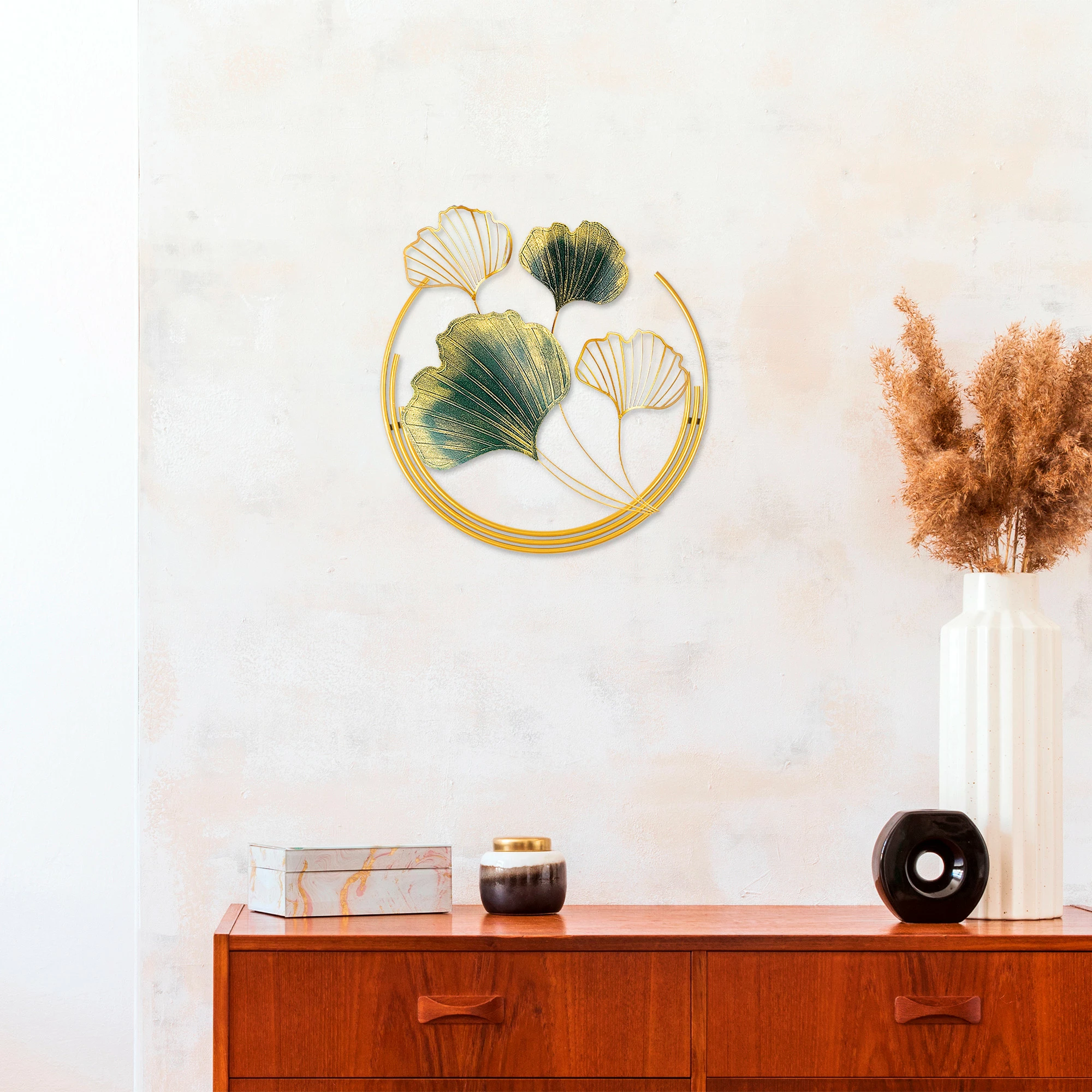 Aksesor dekorativ metalik për mur, Wallity Hancheng, ngjyrë e gjelbër dhe ari, 50x50x7cm