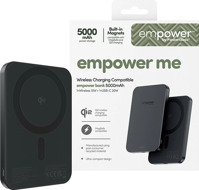 Power bank PanzerGlass empower bank 5000mAh, Qi2 15W, MagSafe, USB-C 20W, Space Black