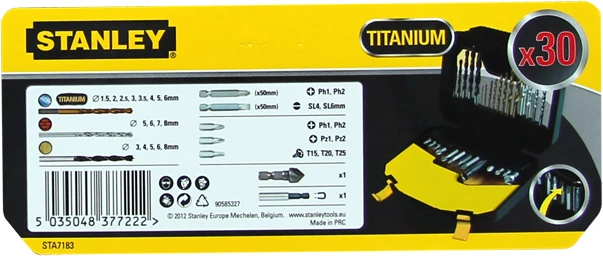 Set shpuesash dhe bita Stanley STA7183, veshje titani, 30 copë, me kuti