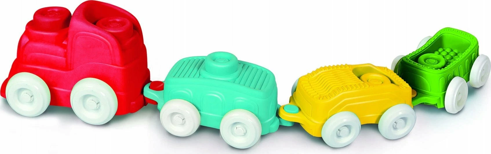 Tren lodër sensorial Clementoni Clemmy Soft Sensory Train, set 1 lokomotivë + 3 vagona + 8 blloqe të buta, shumëngjyrësh