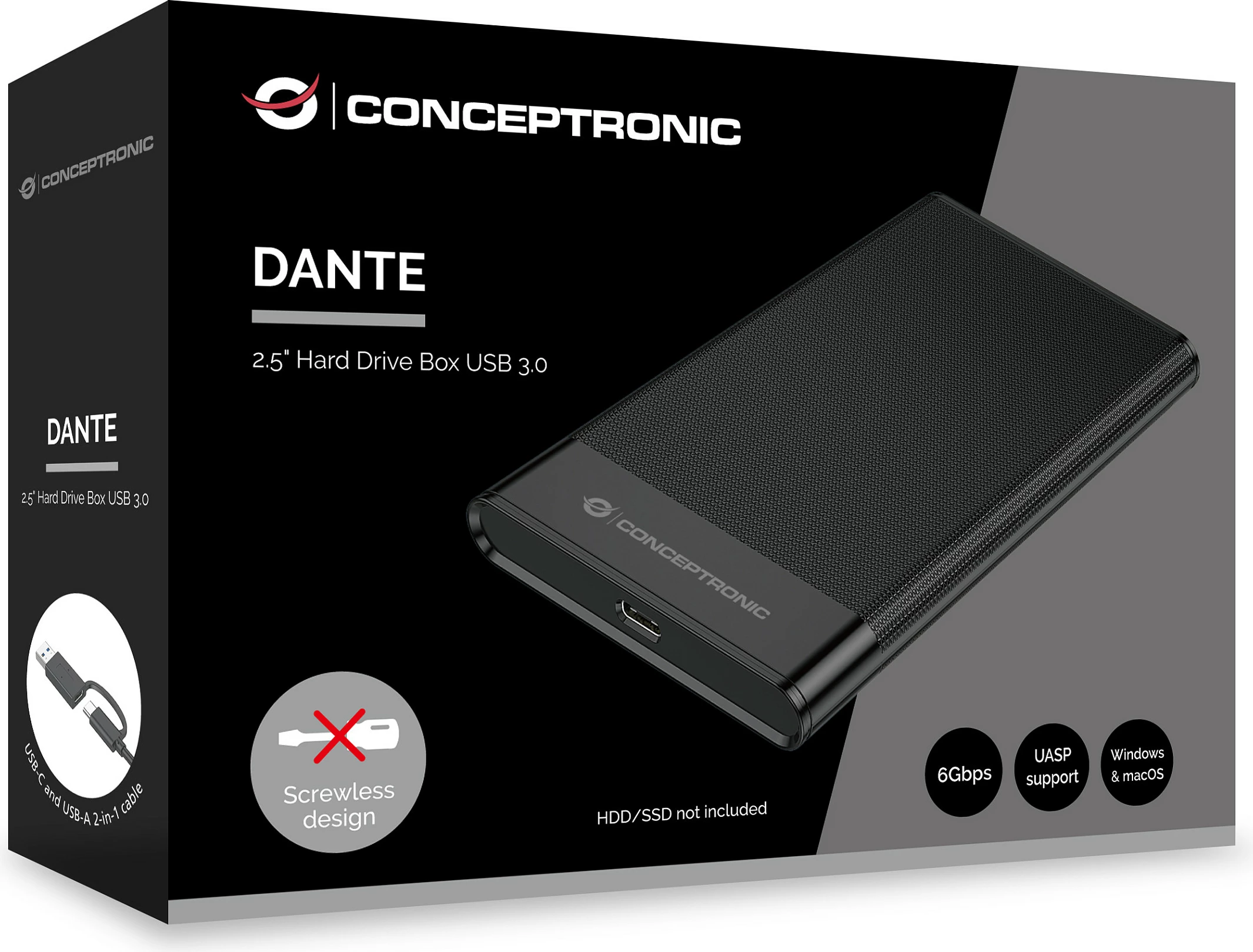 Kasë eksternale për HDD/SSD 2.5" Conceptronic, SATA III, USB-C/USB-A, USB 3.2 Gen 1, e zezë