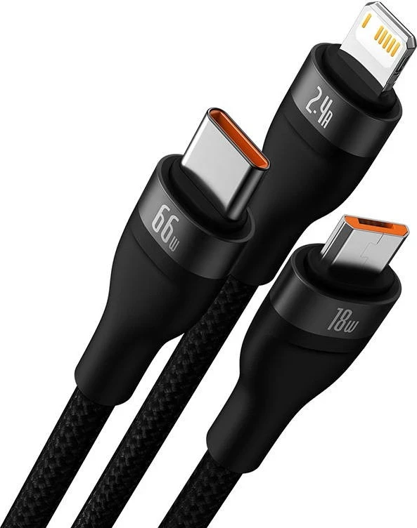 Kabllo Baseus 3w1 Flash II, USB-C + micro USB + Lightning, 66W, 1.2m, e zezë
