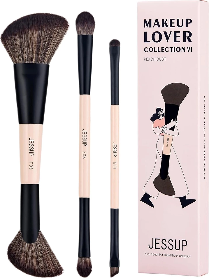 Set furçash grimi JESSUP 6-in-3 Duo-End Brush Versatility Collection për femra Peach Dust 3 copë
