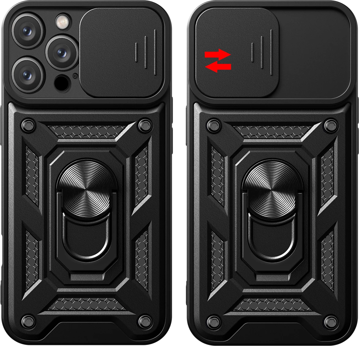 Mbështjellës Hurtel Hybrid Armor Camshield për iPhone 16 Pro, me kapak kamere dhe qëndrim, zi