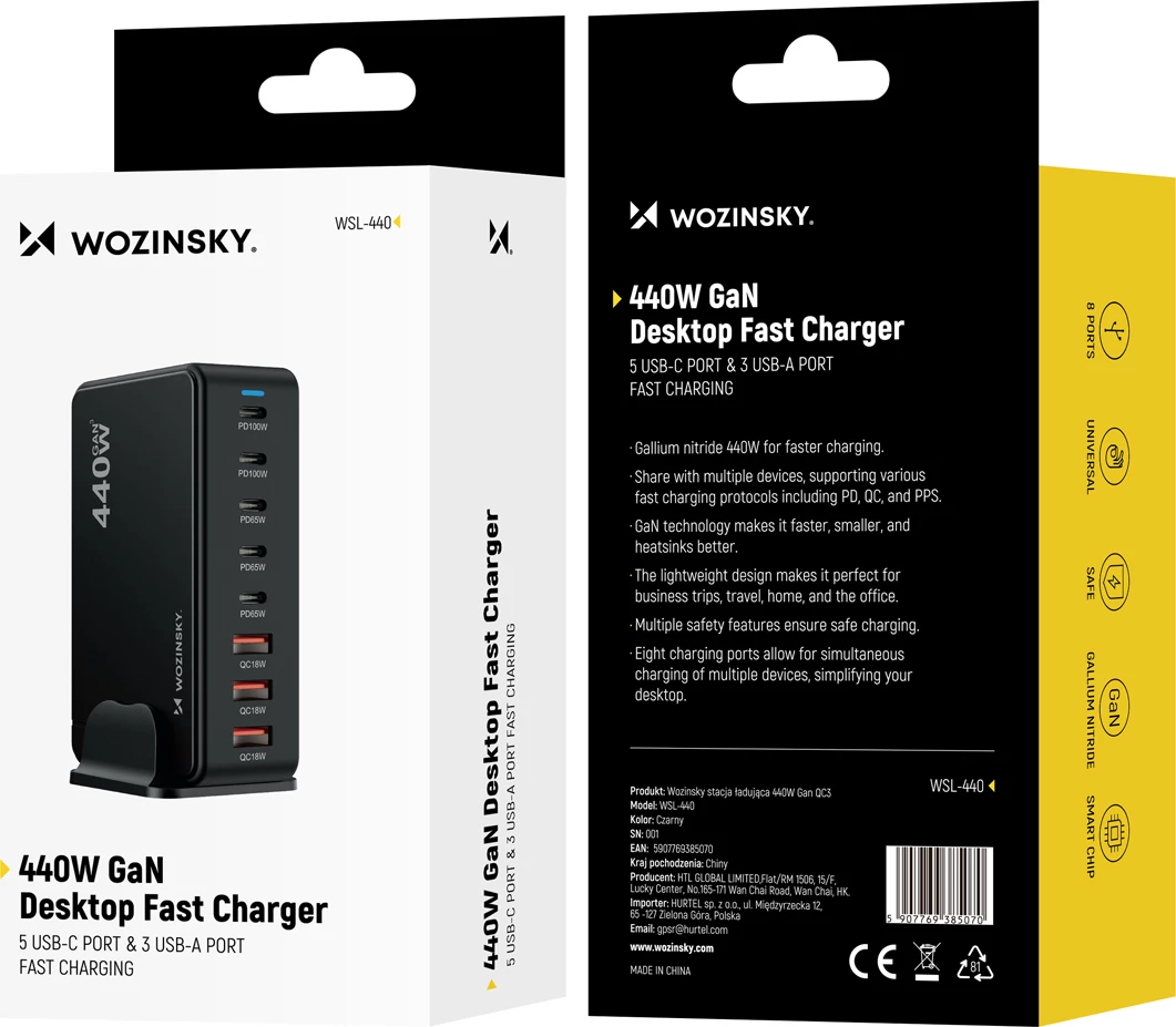 Stacion karikimi GaN Wozinsky WSL-440, 440W, PD/QC3, 5x USB-C + 3x USB-A, e zezë
