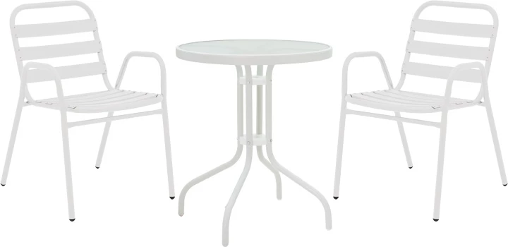 Tavolinë me karrige për terasë, ngjyrë e bardhë, metal-xham, Φ60x70cm