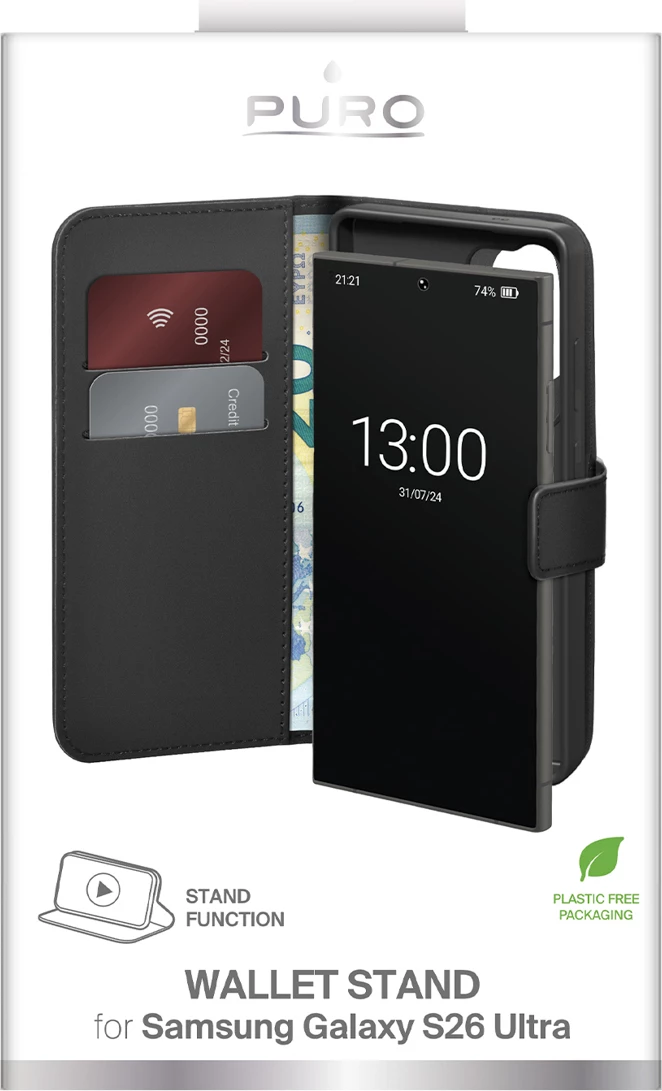 Mbështjellës Puro Eco-Leather Case për Samsung Galaxy S26 Ultra, me portofol dhe stand, i zi