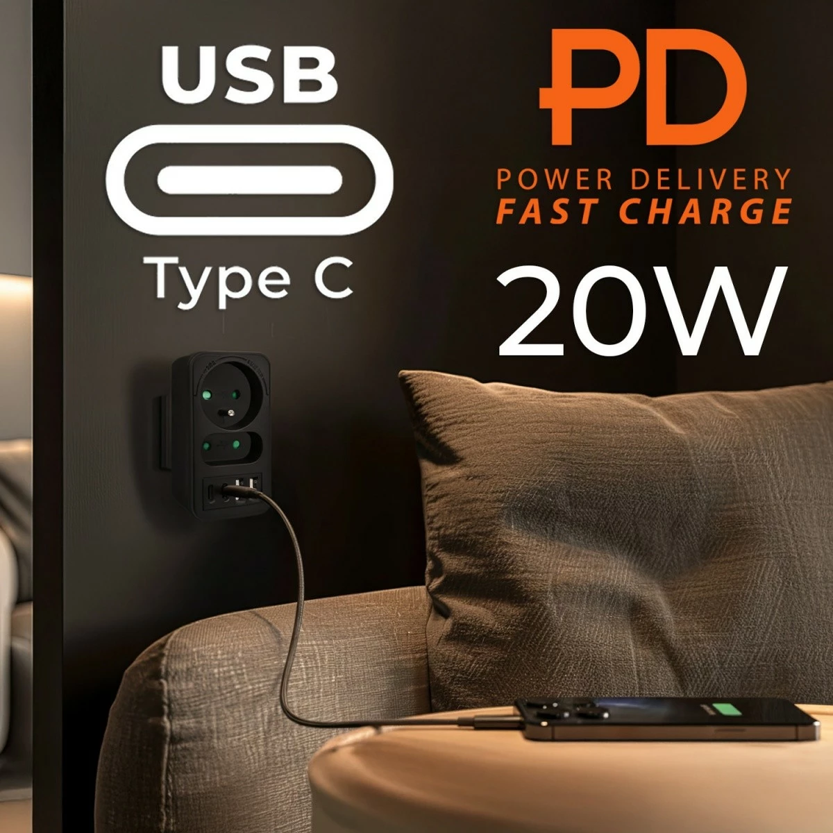 Shpërndarës prizë Maclean MCE249 F/B, 1x Schuko + 1x Euro, 2x USB-A 18W, 2x USB-C PD 20W, e zezë