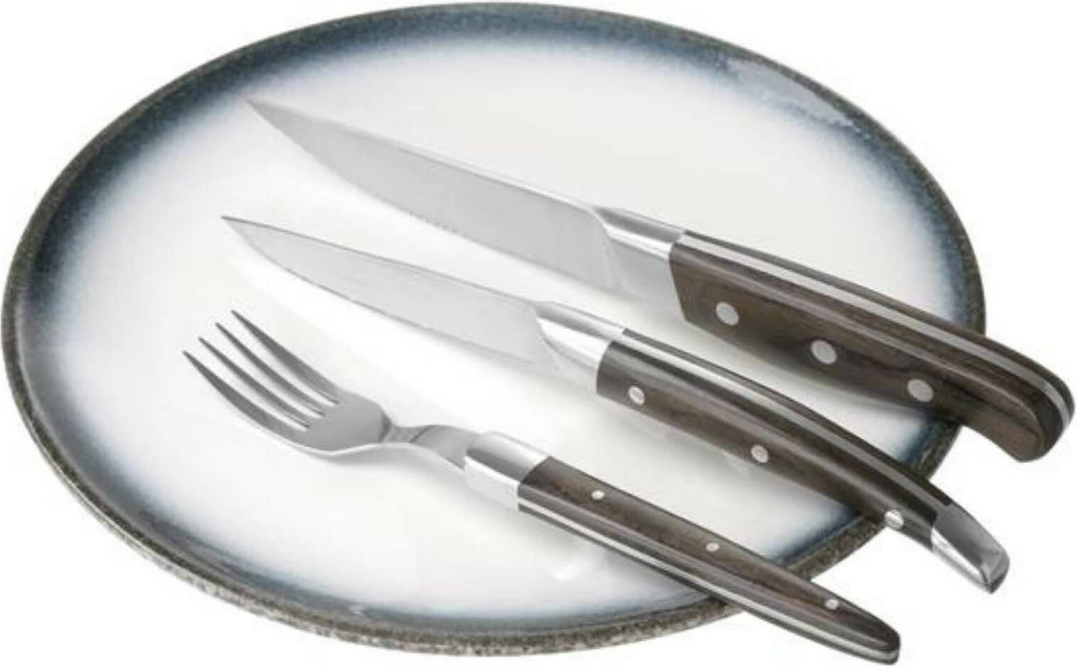 Thikë steak, OVE Corfu, teh 110 mm, çelik inoks, gjatësi totale 240 mm, dorezë Pakkawood, kafe e errët, set 6 copë me kuti dhurate